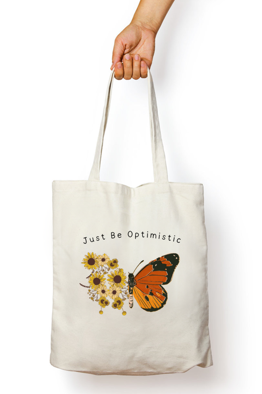 Just Be Optimistic - Tote Bags for Men & Women with Zip, College Bag for Girls, 100% Organic Cotton Tote Bag for Traveling & Daily Use