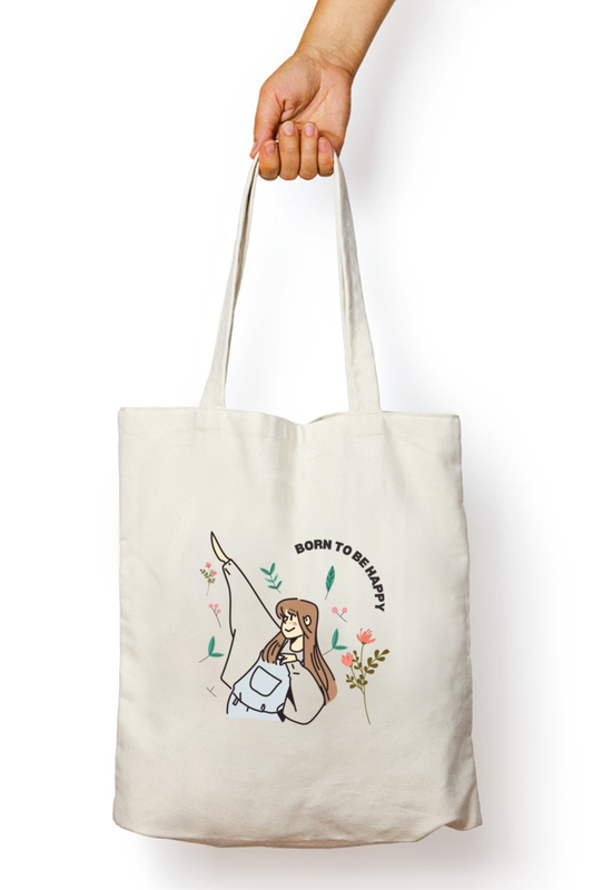 Born To Be Happy - Tote Bags for Women with Zip, College Bag for Girls, 100% Organic Cotton Tote Bag for Traveling & Daily Use