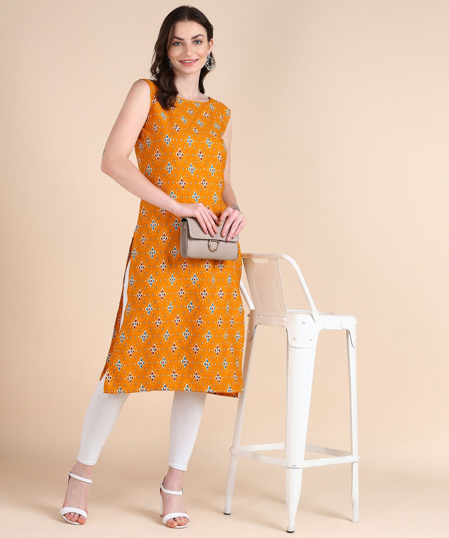 Women's Sleeveless Boat Neck Solid Casual Fancy Long Kurtis